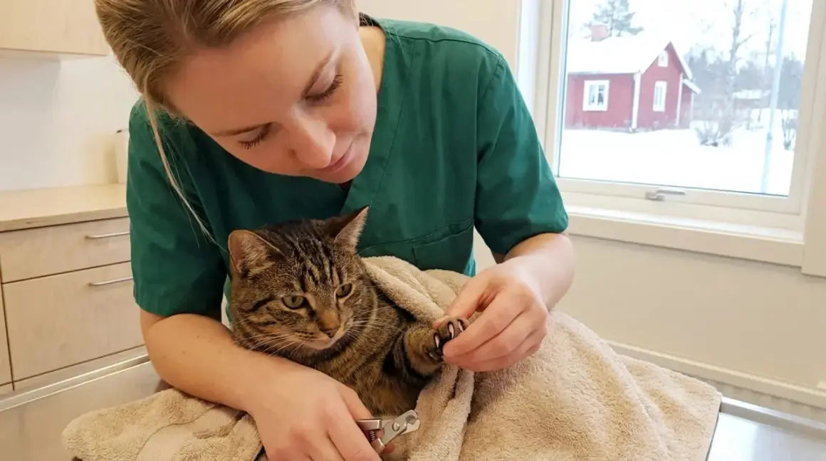 Veterinär klipper klorna på en katt. Frågan "hur ofta klippa klor katt" är relevant för kattägare.