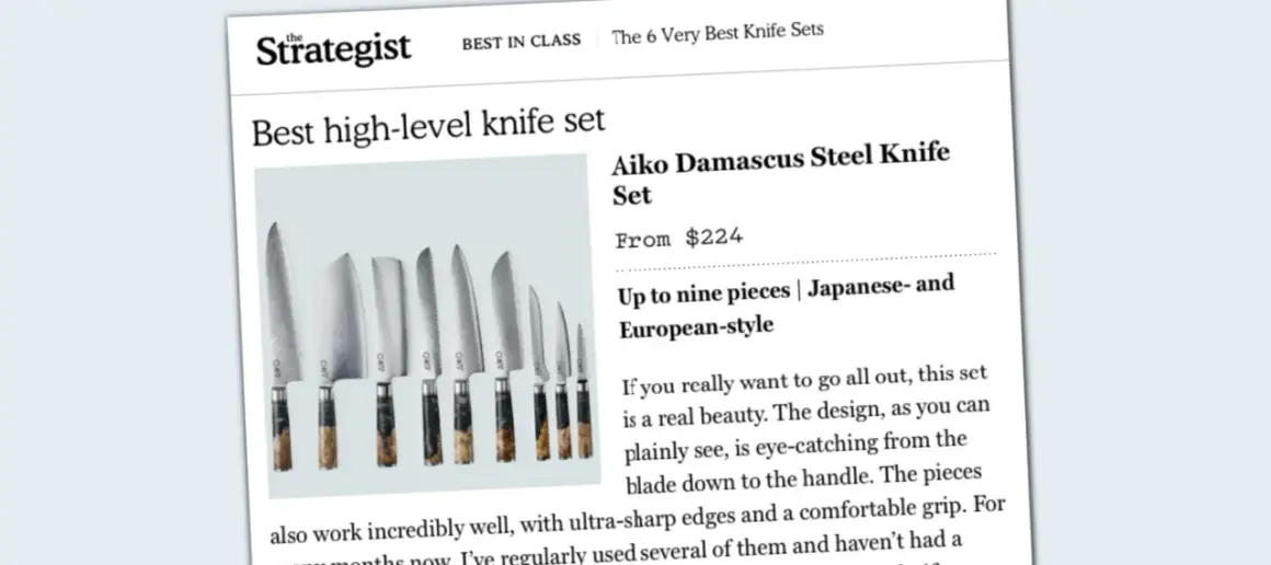 En uppsättning av de bästa knivarna, Aiko Damascus Steel Knife Set, med japansk- och europeisk stil.