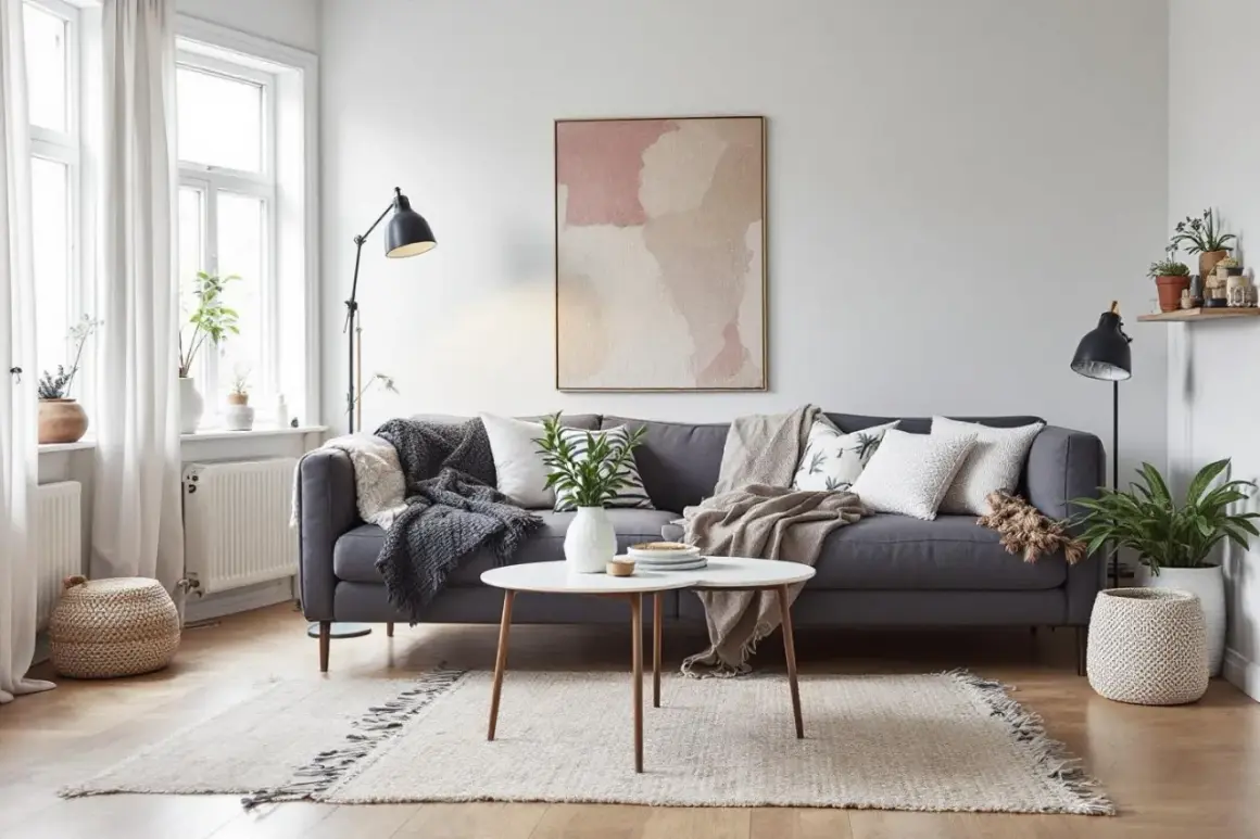En mysig soffa med bohemisk inredning, kuddar, plädar och en abstrakt tavla.