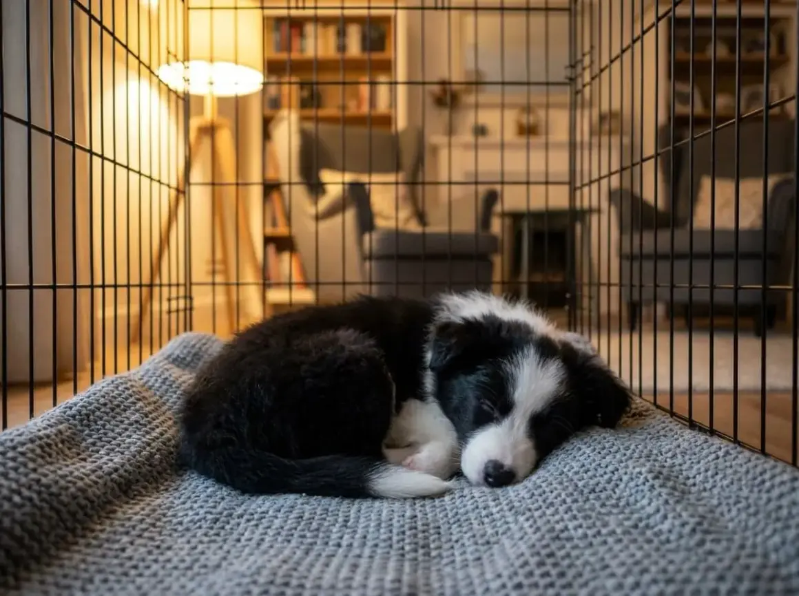 En söt valp sover tryggt hopkurad på en mjuk filt i sin bur. Bakom gallret syns ett mysigt rum med bokhylla och fåtöljer.