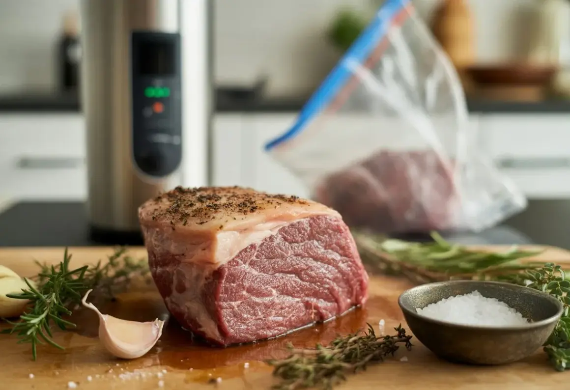 Rå köttbit med kryddor, vitlök och örter. En sous vide-maskin och en vakuumpåse syns i bakgrunden, vilket ger en ledtråd om vad betyder sous vide.