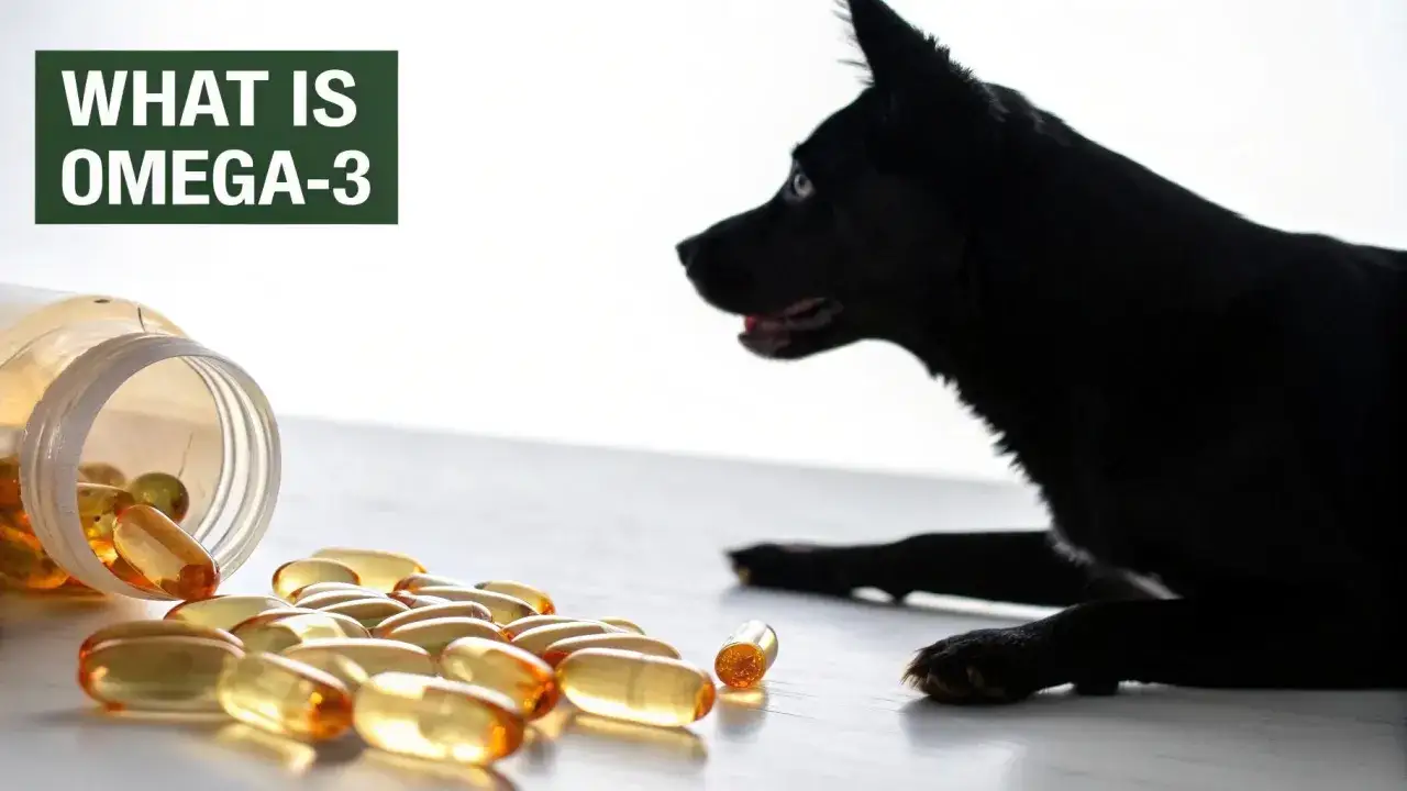 Svart hund tittar p&aring; omega-3 kapslar. Finns det omega-3 hund biverkningar?