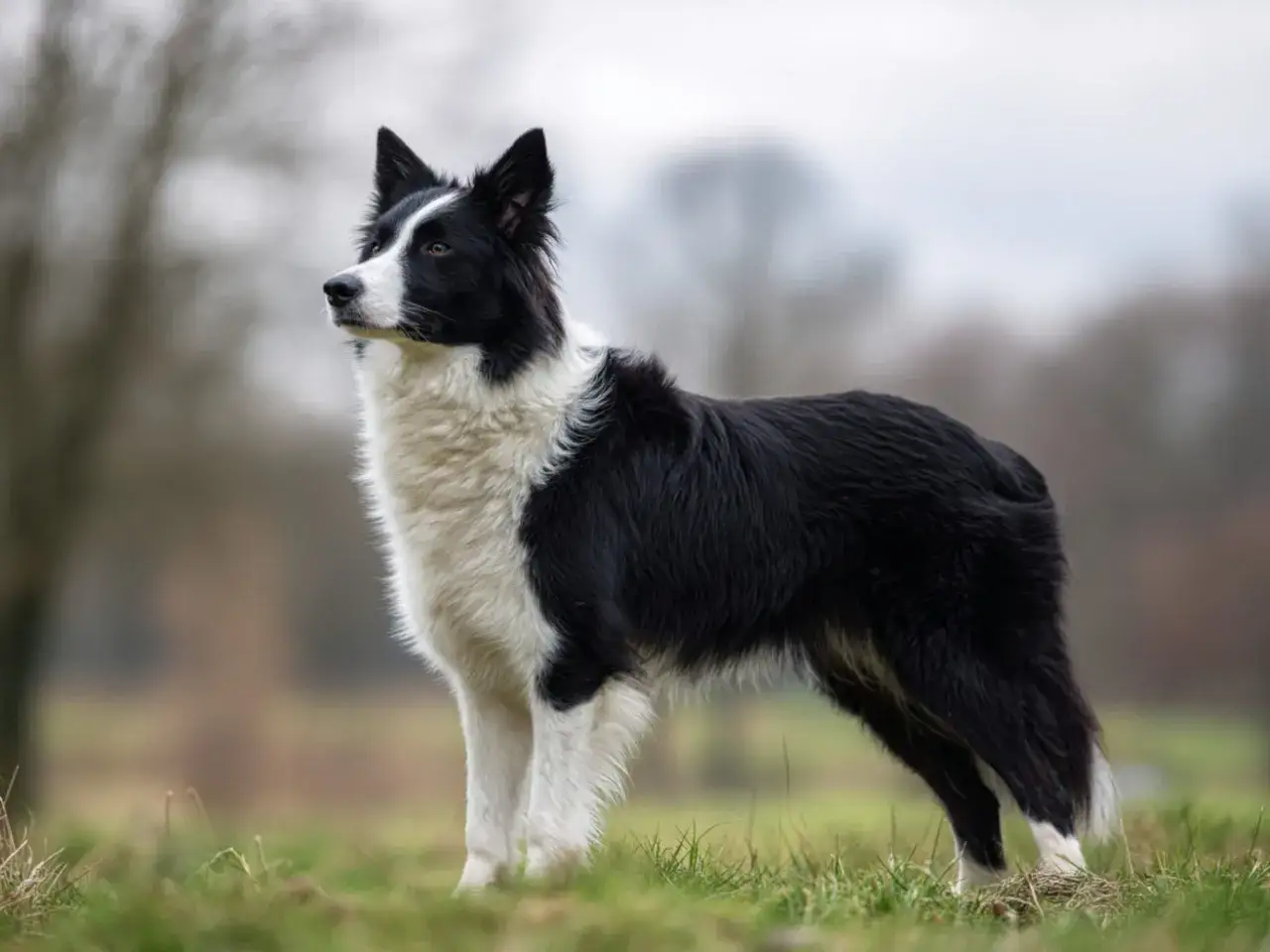 En stolt border collie svart står i gräset, redo för äventyr.