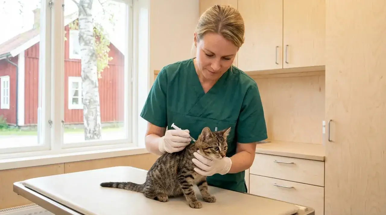 Veterinär ger en katt ett chip. Detta gps katt chip hjälper till att identifiera katten om den skulle komma bort.
