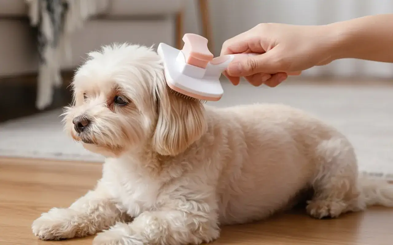 En hand borstar en s&ouml;t hund f&ouml;r att reda ut tovor.