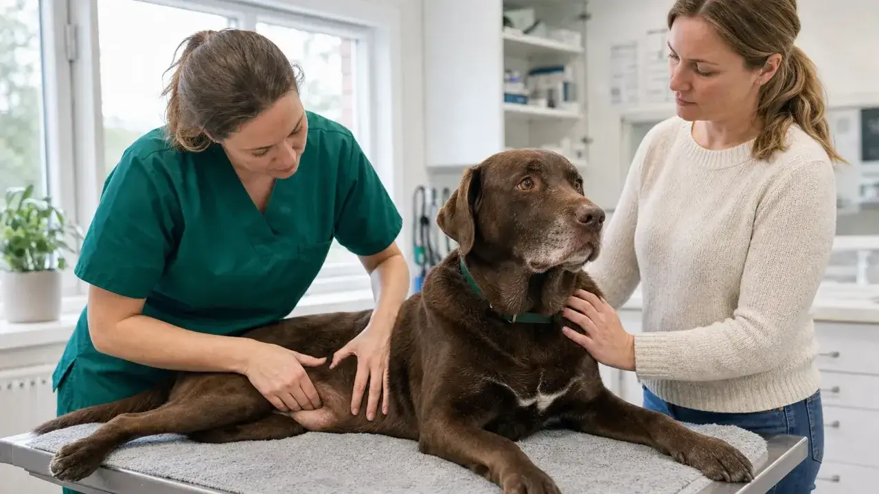 Veterin&auml;r unders&ouml;ker en brun hund med svullen mage. &Auml;garen tr&ouml;star hunden som dricker mycket.