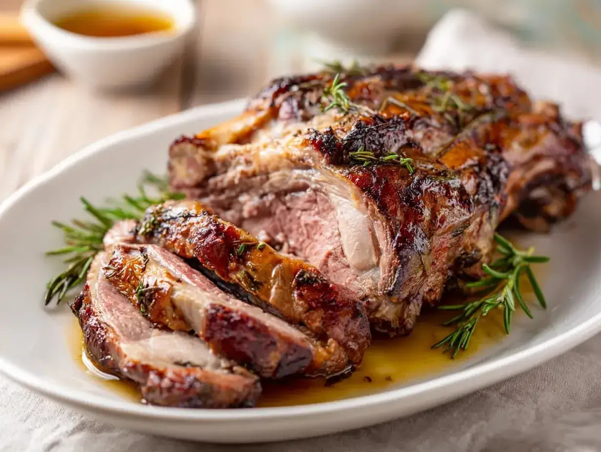 Saftigt lamm med perfekt lamm temperatur, rosmarin och en gyllene stekyta. Serveras p&aring; en vit tallrik med skyn.
