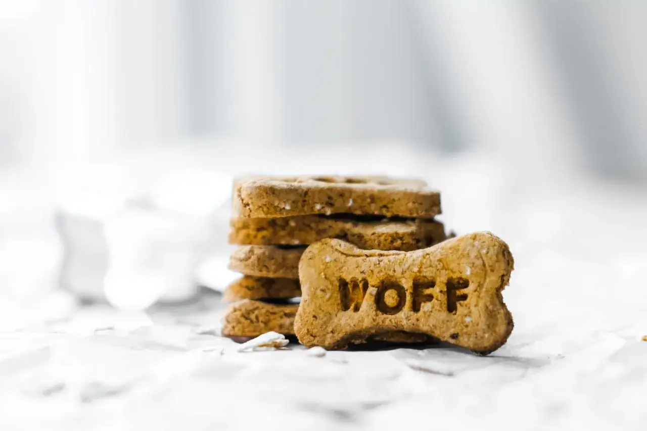 En h&ouml;g med hemmagjort hundgodis, ett benformat med texten 