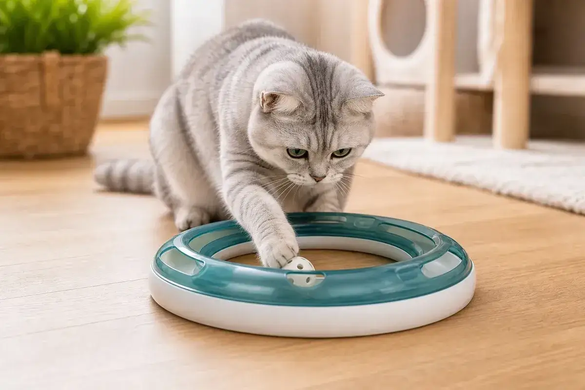 Grårandig katt leker med en leksak med boll, en rolig aktivitet som kan hjälpa till att visa hur bantar man en katt genom lek.