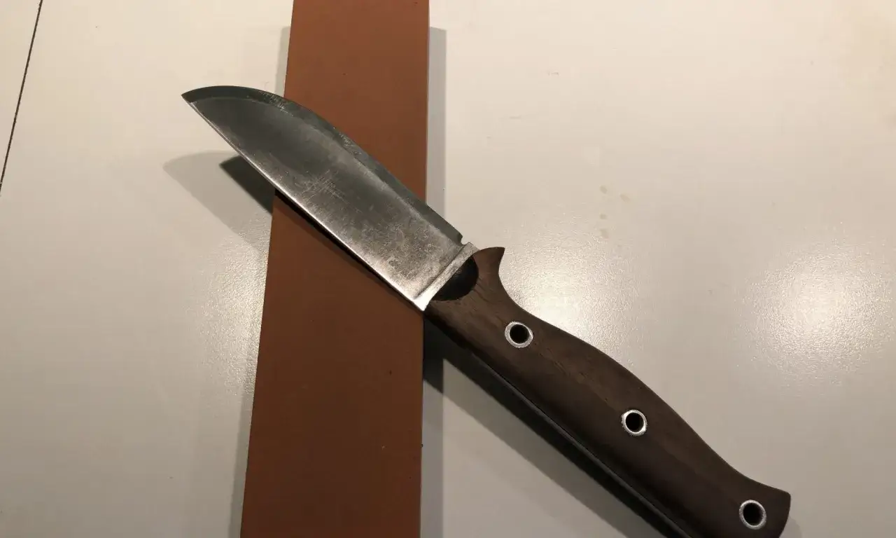 En kniv med trähandtag ligger bredvid en bryna.