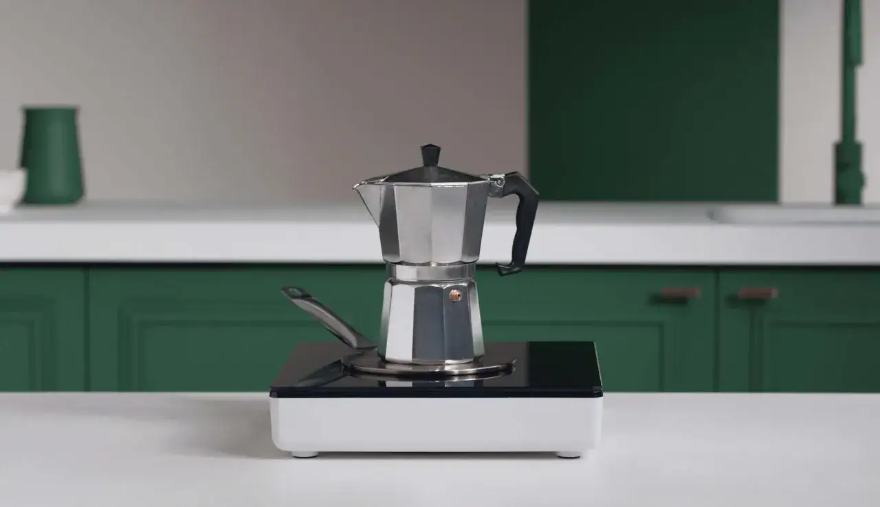 En mokkakanne st&aring;r p&aring; en induktionsh&auml;ll, redo att koka kaffe p&aring; spis.