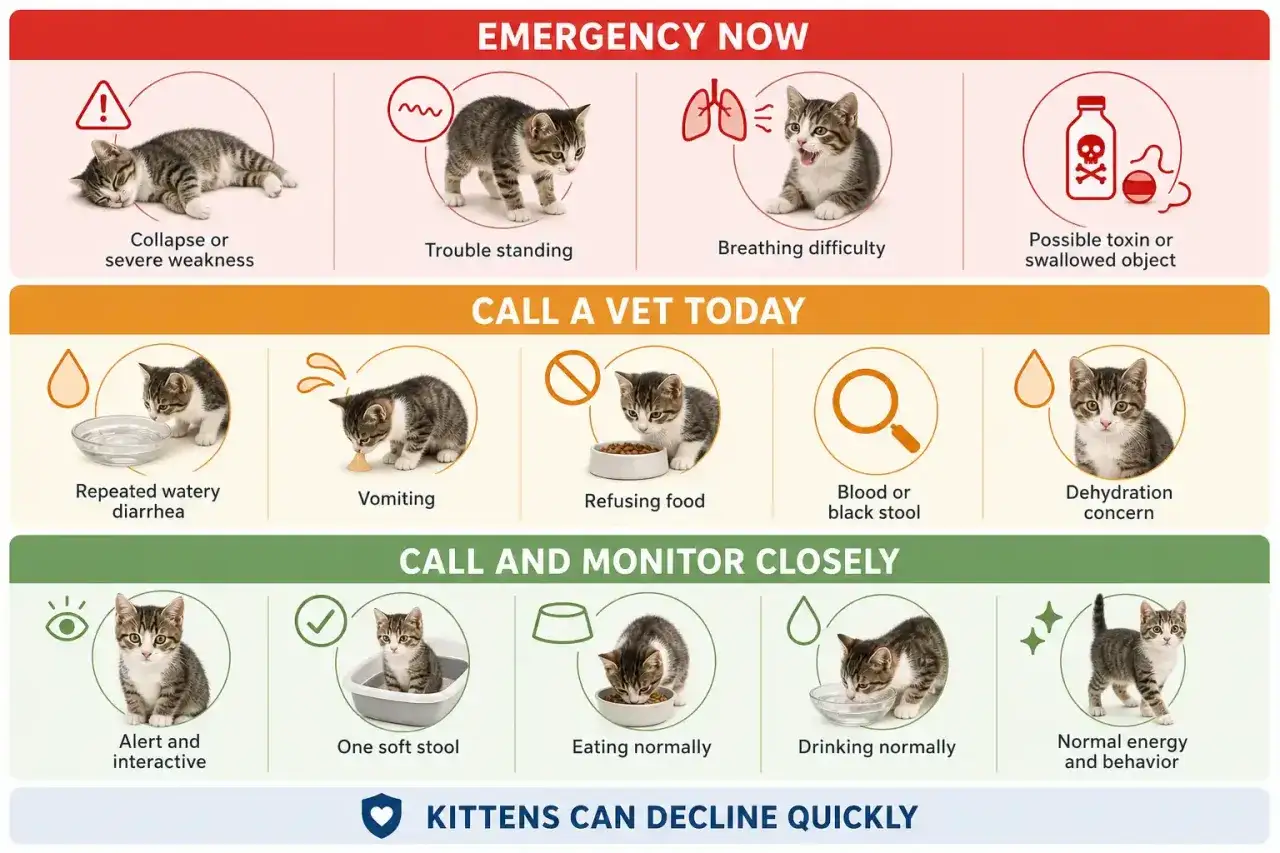 Kattunge med vattnig diarré, kräkningar eller blod i avföringen kan vara tecken på allvarlig sjukdom. Kontakta veterinär om din kattunge visar dessa symptom.