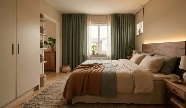 Mysigt sovrum med sängkläder i linne, trädetaljer och gröna gardiner. Perfekt sovrum inspiration för ett lugnt hem.