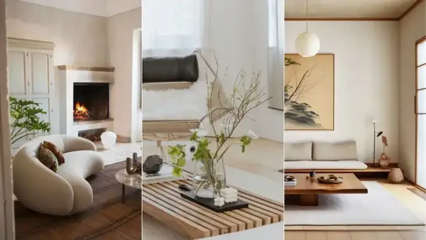 Tre olika rum som visar japansk inredningsstil: en lounge med öppen spis, ett modernt vardagsrum med blommor och en minimalistisk sittgrupp med tatamimattor.
