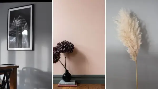 Triptyk med svartvit tavla, mörk hortensia i svart vas mot ljusrosa vägg och ett strå av pampasgräs. En inspirerande pastell inredning.