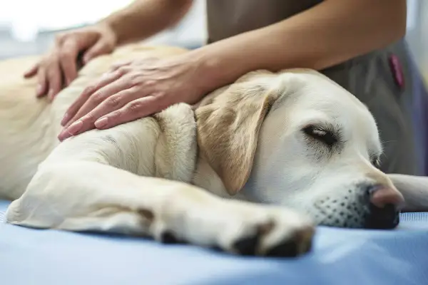 En hund med dyspné vilar på ett bord medan en person lugnande klappar den.