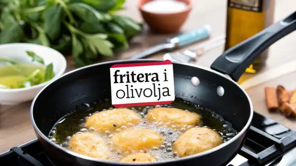 Fritera i kastrull: gyllene bitar bubblar i het olja. Gröna örter och olivolja i bakgrunden.