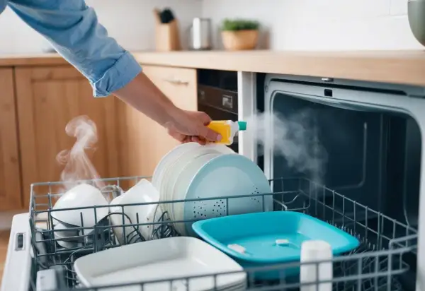 En hand sprutar en produkt i en diskmaskin fylld med disk. Ånga stiger från disken.