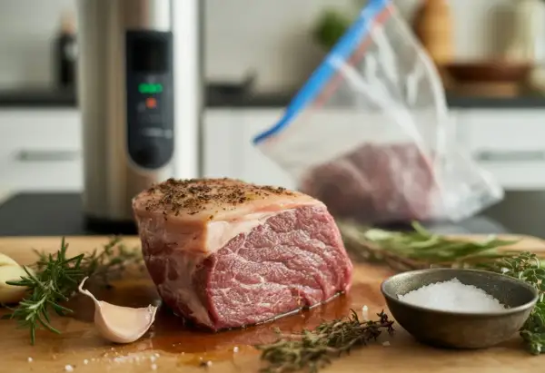 Rå köttbit med kryddor, vitlök och örter. En sous vide-maskin och en vakuumpåse syns i bakgrunden, vilket ger en ledtråd om vad betyder sous vide.